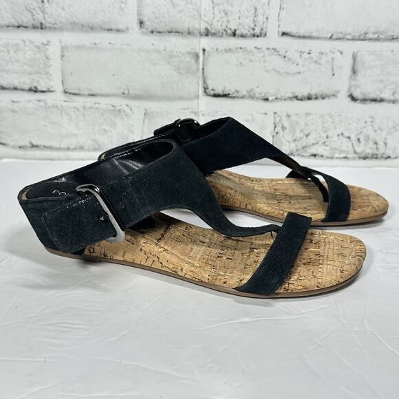 Donald Pliner preppy goth black shimmer t strap cork wedge sandal Womens sz 7.5 - Picture 1 of 7